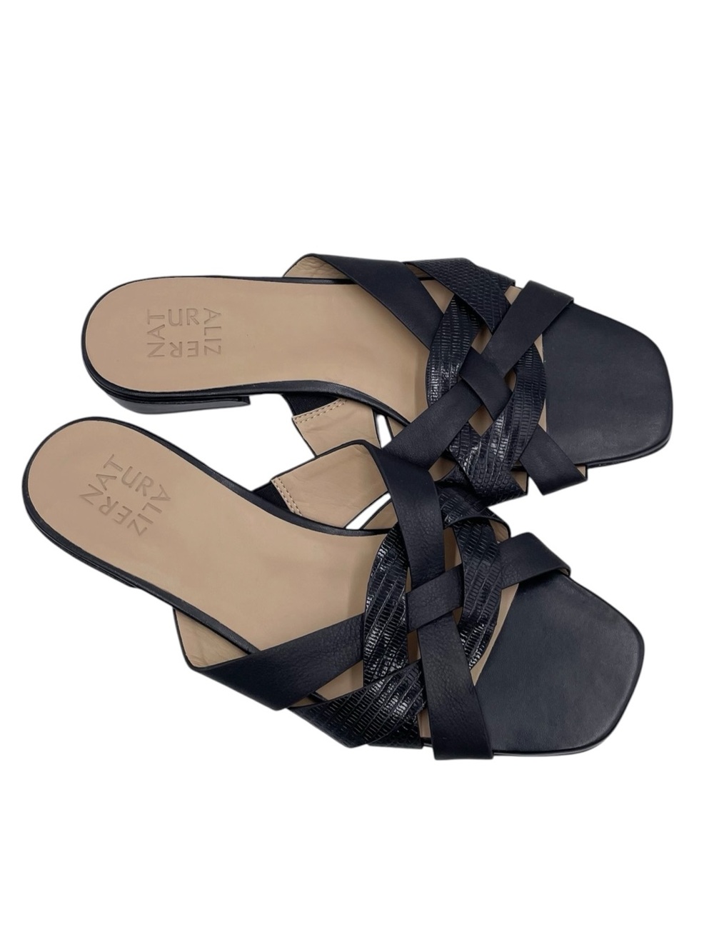 Naturalizer Womens Ashford Slide Sandal Size 10 Black Leather Square Toe Strappy